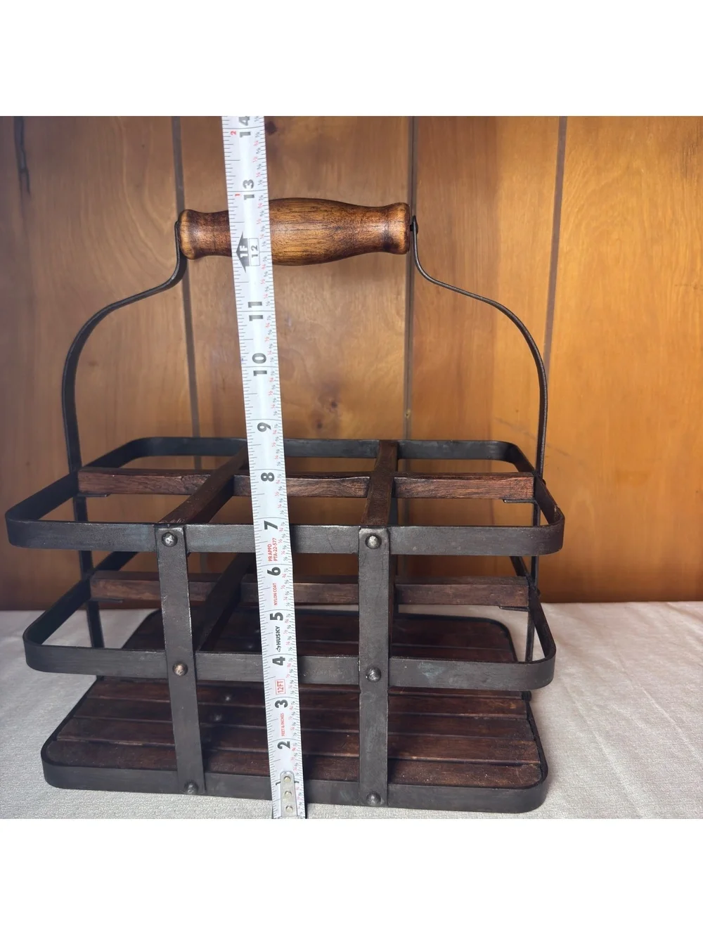 Wood Metal Bottle Caddy Wine Beer Carrier 6 Compartment Farmhouse Rustic Decor